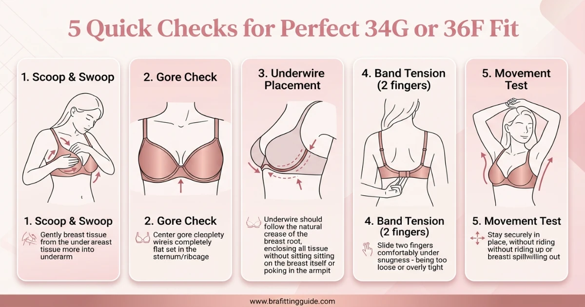 Five-step bra fit test infographic for G and F cup sizes — scoop and swoop, gore check, underwire placement, band tension, movement test