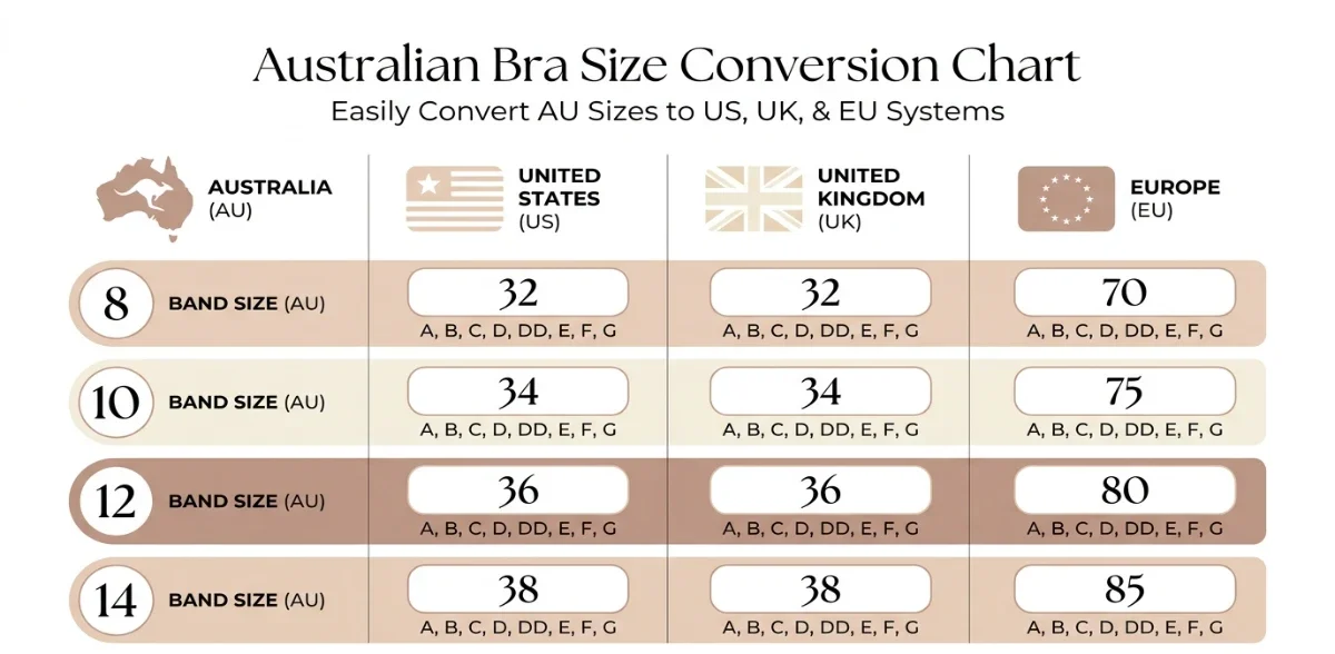 Australian bra size conversion chart comparing AU dress-size bands with UK US EU and FR bra sizing systems in a visual table format