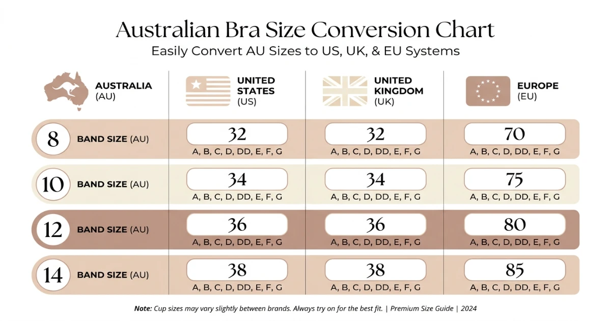 bra size conversion chart comparing Australian US UK and EU bra sizing systems in a visual table format