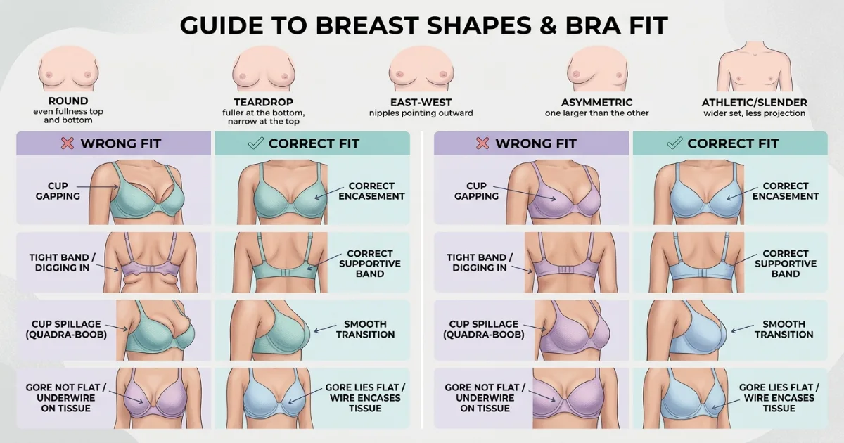 different breast shapes and bra fitting examples showing correct support and sizing differences
