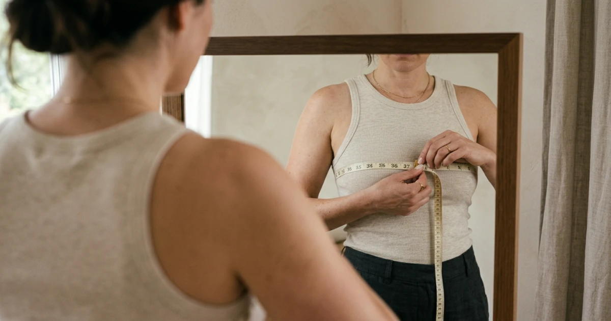 Australian bra size measurement guide showing underbust and overbust measurement with tape for accurate bra fitting