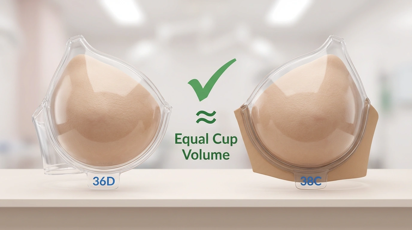 Cup volume diagram for 36D and 38C showing equal breast tissue capacity across different band widths — confirming sister size relationship