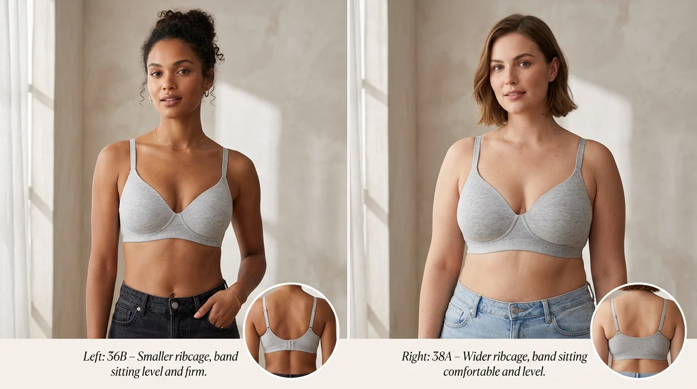 Illustration showing 36B fitting correctly on a smaller ribcage with firmer band and 38A fitting correctly on a wider ribcage — same cup volume, different band performance