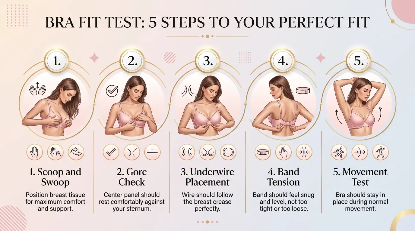 Five-step bra fit test infographic for B and A cup sizes — scoop and swoop, gore check, underwire placement, band tension, movement test