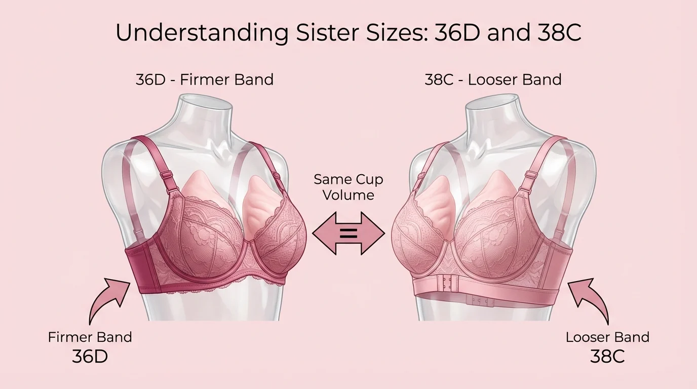 Side-by-side diagram of 36D and 38C bra sizes showing equal cup volume with different band widths — confirming they are sister sizes
