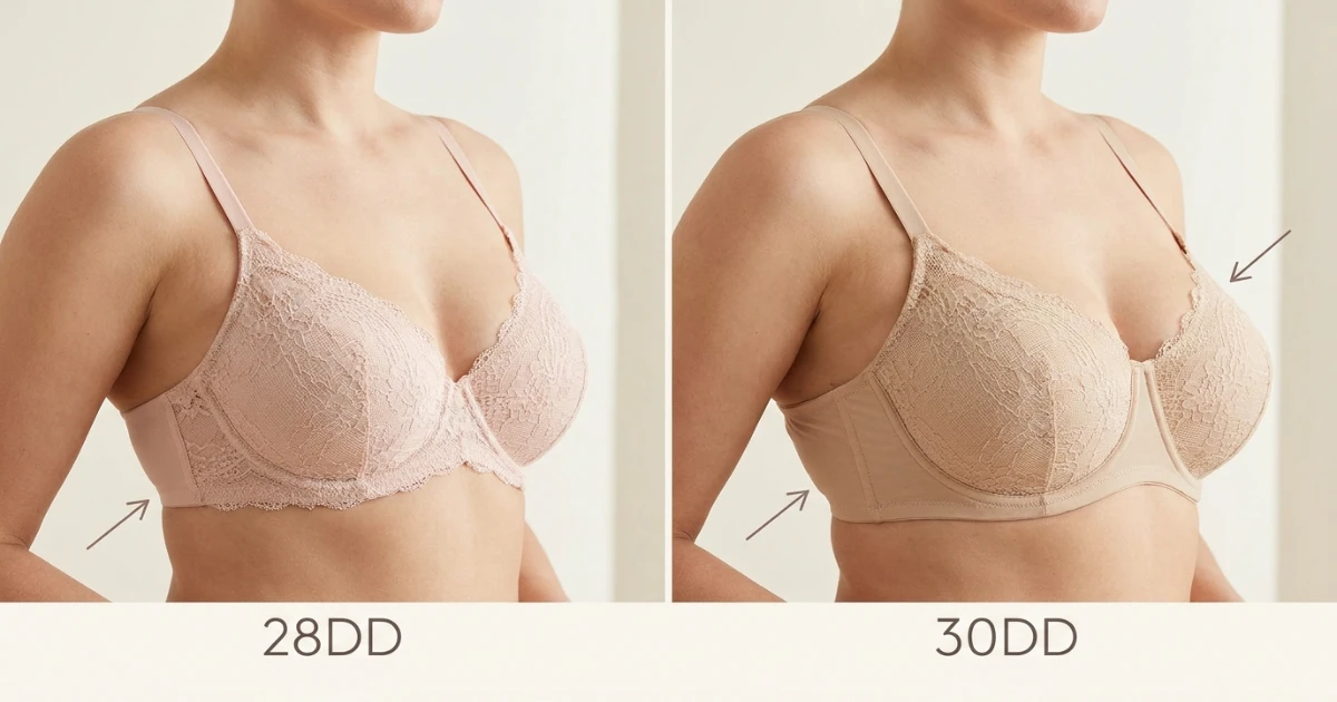 Side-by-side visual comparison of 28DD and 30DD bra sizes showing that 30DD has a wider band and larger cup volume than 28DD