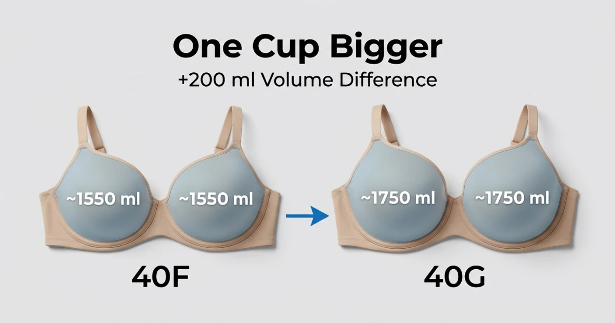 Side-by-side cup depth diagram for 40F and 40G bra sizes on the same 40-inch band — illustrating the one-cup volume difference