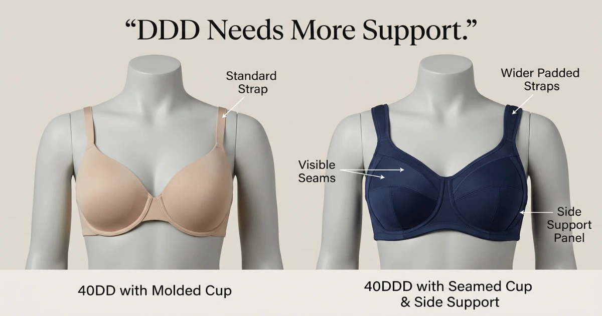 Fit comparison showing 40DD seamed cup versus 40DDD multi-panel construction — both on a 40-inch band