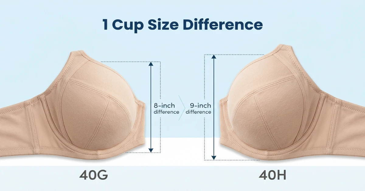Side-by-side cup depth diagram for 40G and 40H bra sizes on the same 40-inch band — illustrating the one-cup volume difference and wire width considerations