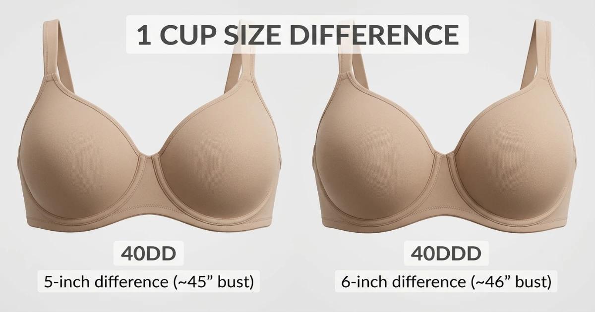 Side-by-side cup depth diagram for 40DD and 40DDD bra sizes on the same 40-inch band — illustrating the one-cup volume difference