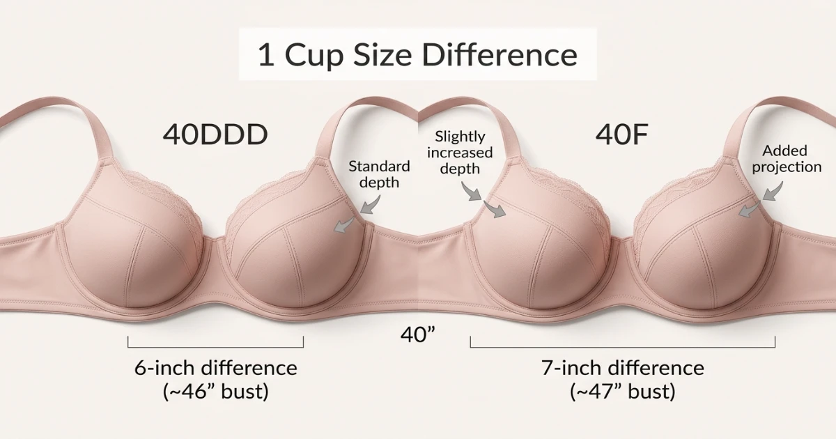 Side-by-side cup depth diagram for 40DDD and 40F bra sizes on the same 40-inch band — illustrating the one-cup volume difference where brands separate these sizes