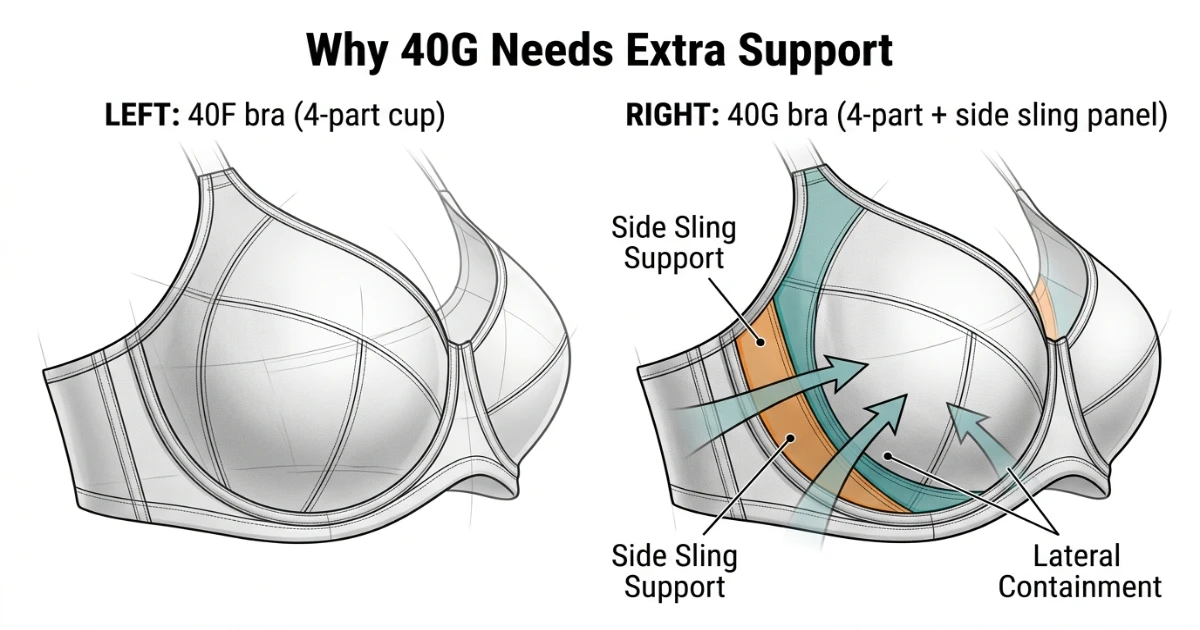 Cross-section cup diagram comparing 40F and 40G depth — same 40-inch band, showing side sling requirement at 40G