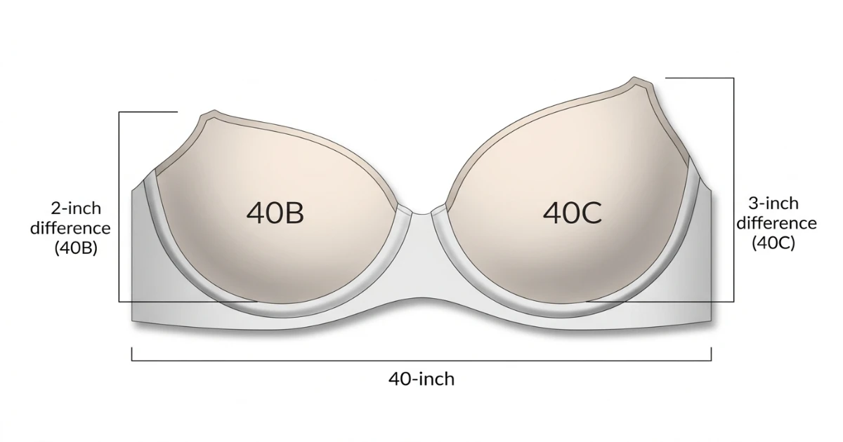 Side-by-side cup depth diagram for 40B and 40C bra sizes on the same 40-inch band — illustrating the one-cup volume difference