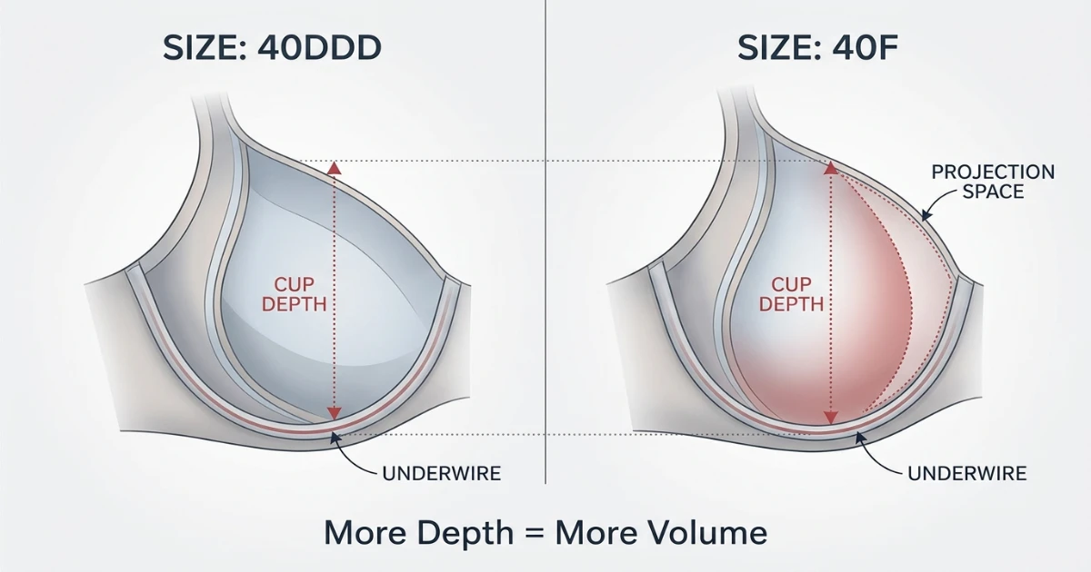 Cross-section cup diagram comparing 40DDD and 40F depth — same 40-inch band, with naming system variations shown