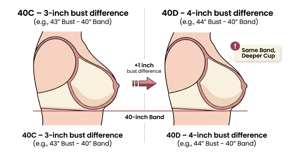 Cross-section cup diagram comparing 40C and 40D depth on the same 40-inch band — showing the one-inch bust measurement difference and structural differences