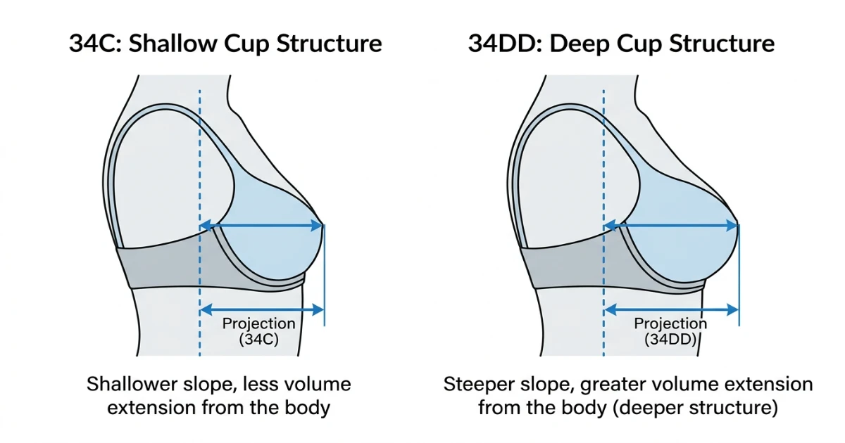 Cup depth comparison diagram showing the difference between 34C and 34DD cup shell depth