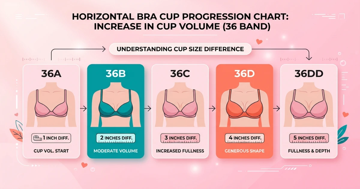 Cup volume progression diagram showing 36A, 36B, 36C, 36D and 36DD on the same band with increasing cup volumes illustrated, with 36B and 36D highlighted as two sizes apart