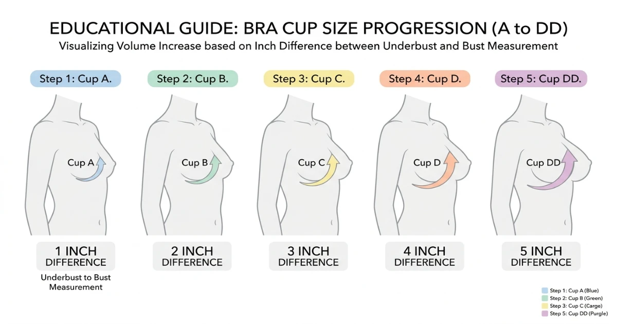 Cup size progression diagram showing A through DD cup sizes with inch differences