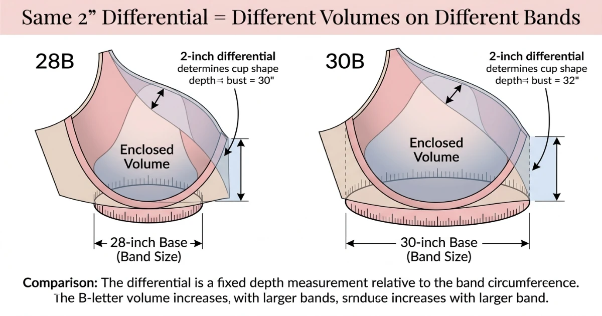 Diagram illustrating why the same B cup letter on different bands produces different volumes — showing 28B narrower base with smaller enclosed cup versus 30B wider base with larger enclosed cup despite identical 2-inch differential