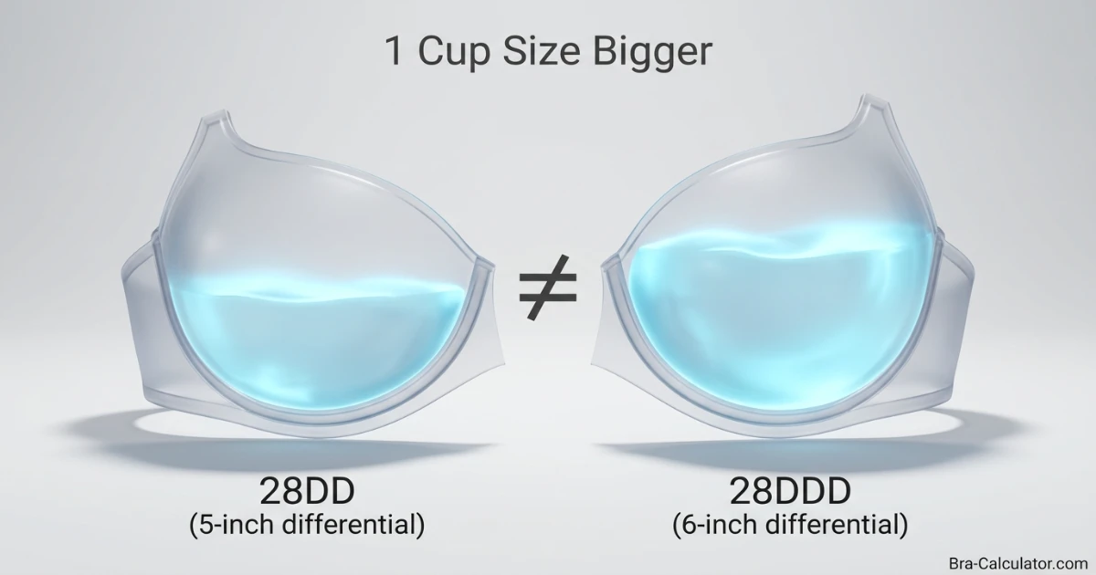 Side-by-side measurement diagram showing 28DD and 28DDD bra sizes with different cup volumes on the same narrow 28-inch band