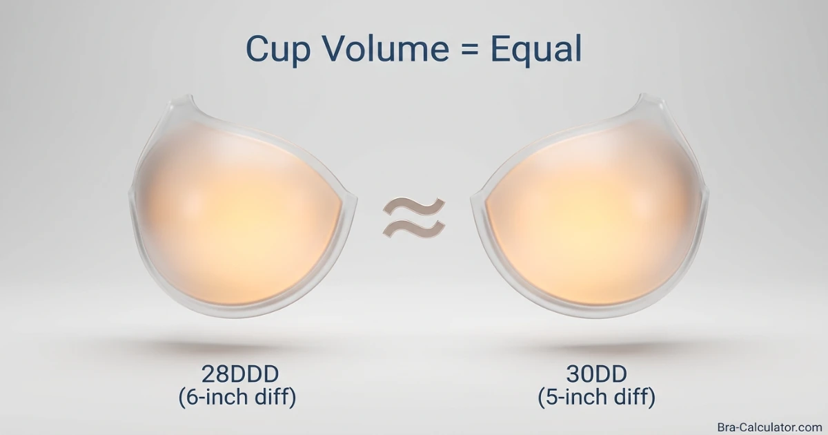 Cup volume equivalence diagram showing 28DDD (28F UK) and 30DD (30E UK) enclosing the same breast tissue volume despite different cup letters and band widths
