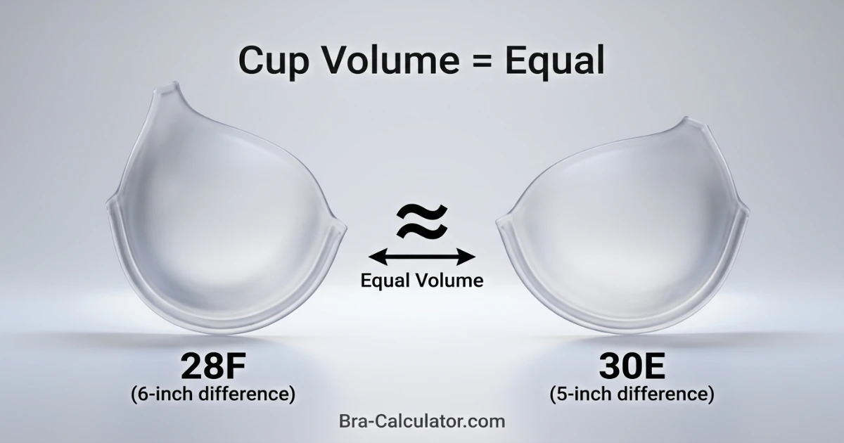Cup volume equivalence diagram showing 28F and 30E enclosing the same breast tissue volume despite different cup letters and band widths