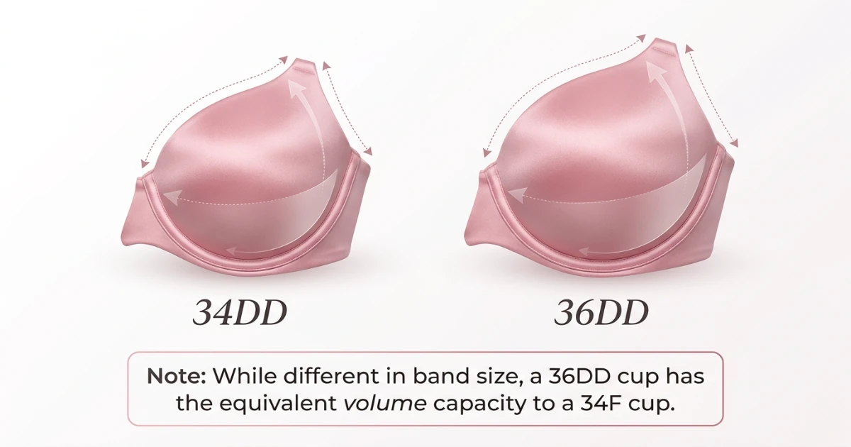 Cup volume comparison diagram for 34DD and 36DD showing different enclosed volumes with the key note that 36DD equals 34F in cup volume