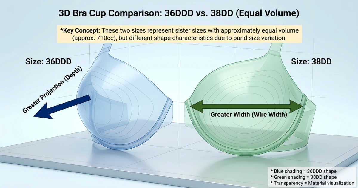 Cup volume diagram showing how 36DDD and 38DD achieve approximately equal breast tissue volume through different combinations of cup depth and width on narrower and wider band frames