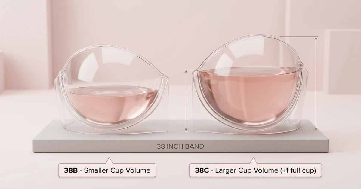 Cup volume diagram comparing 38B and 38C showing different breast tissue capacity on the same 38-inch band