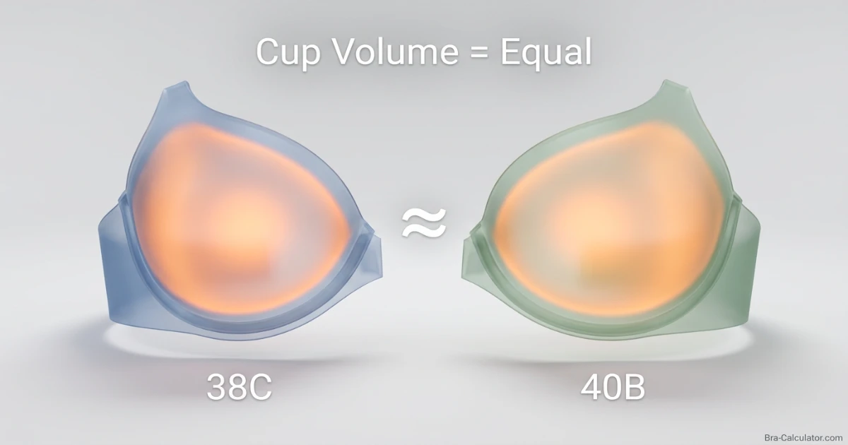 Cup volume diagram showing 38C deeper narrower cup and 40B wider shallower cup on different band sizes — both holding approximately equal breast tissue volume as sister sizes