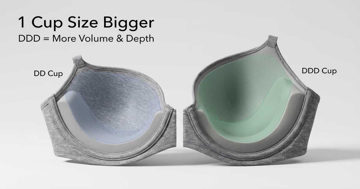 Side-by-side cup depth diagram for 38DD and 38DDD bra sizes on the same 38-inch band, illustrating the one-cup volume difference between a DD and DDD cup at this band size