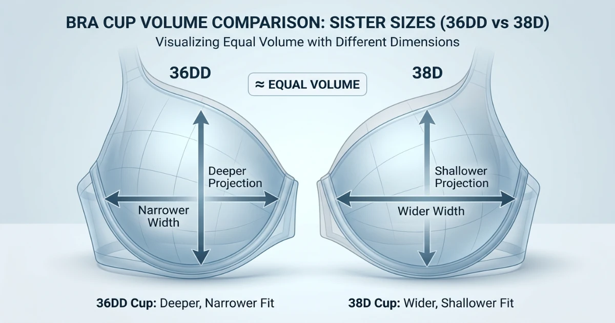 Cup volume diagram showing how 36DD and 38D achieve equal breast tissue volume through different proportions of cup depth and width