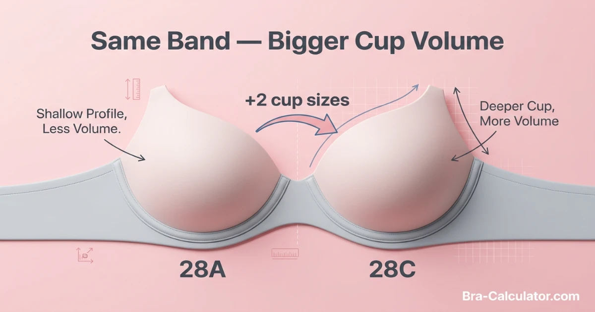 Side-by-side cup depth diagram for 28A and 28C bra sizes on the same 28-inch band — illustrating the two-cup volume difference between a very shallow A cup and a moderately deep C cup