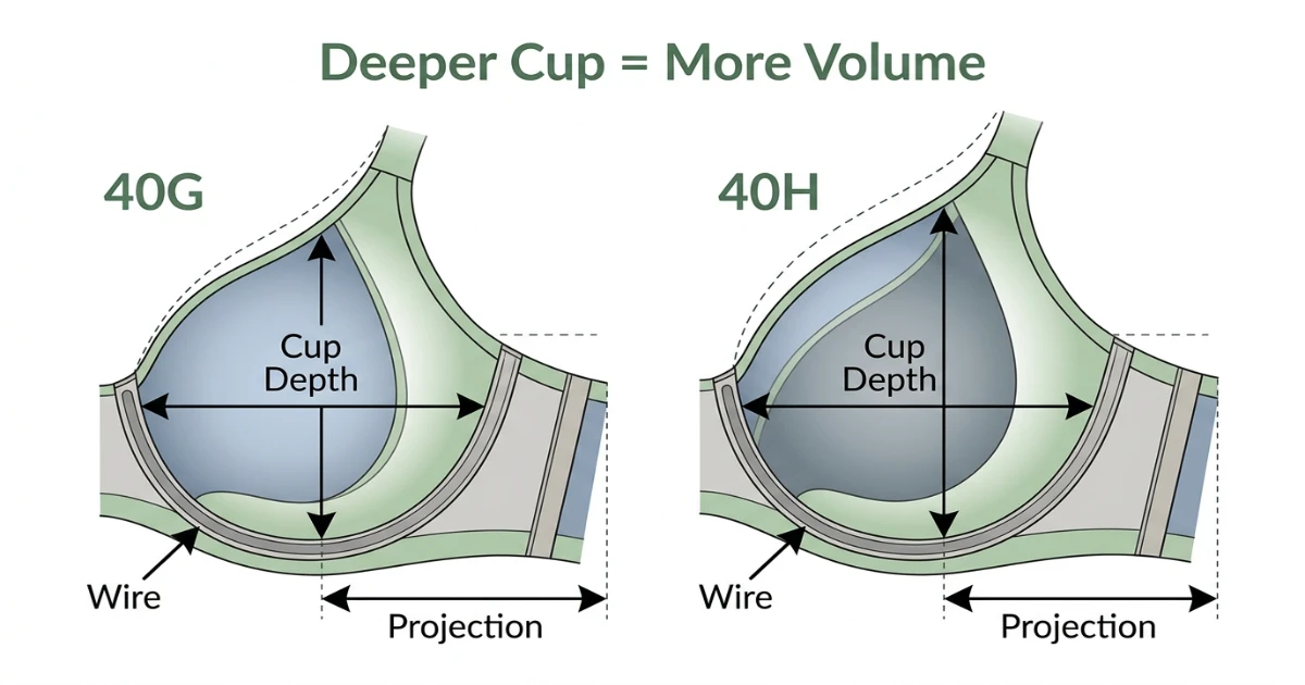 Cross-section cup diagram comparing 40G and 40H depth — same 40-inch band, showing wire width variations between brands