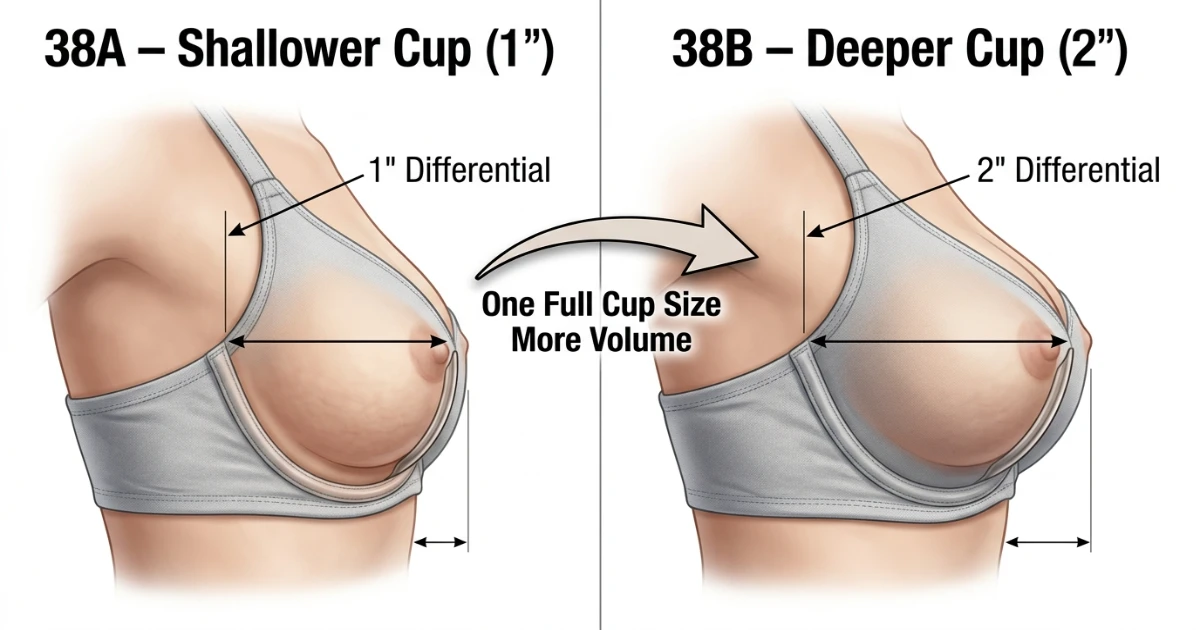 Cross-section cup diagram showing 38A shallow cup versus 38B deeper cup on the same 38-inch band — illustrating one full cup size difference in volume