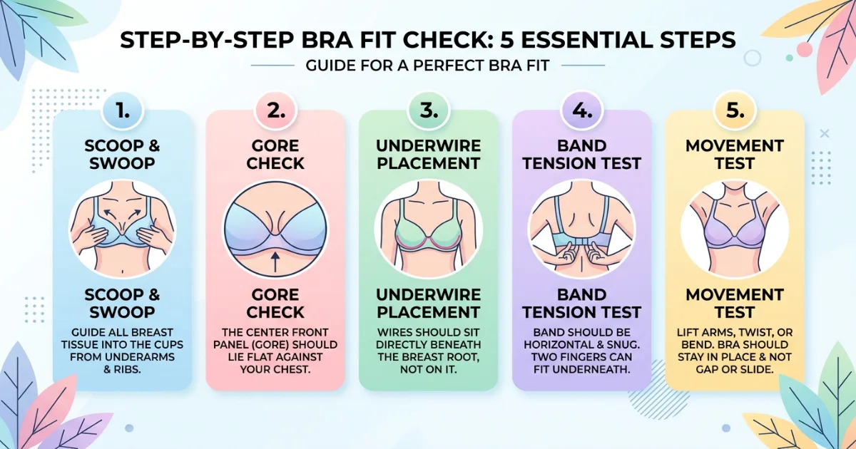Bra fit test infographic showing five checks for confirming correct band and cup size: scoop and swoop, gore check, underwire placement, band tension, and movement test