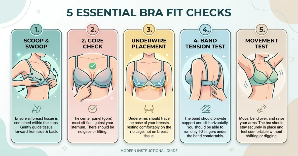 Bra fit test infographic showing five checks for finding the correct cup size on a 36 band: scoop and swoop, gore check, underwire width, band tension, and movement test