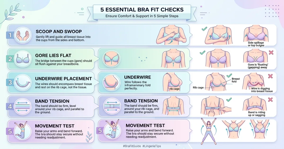 Bra fit test infographic for DD and D cup sizes illustrating five checks: scoop and swoop, gore check, underwire width, band tension, and movement test