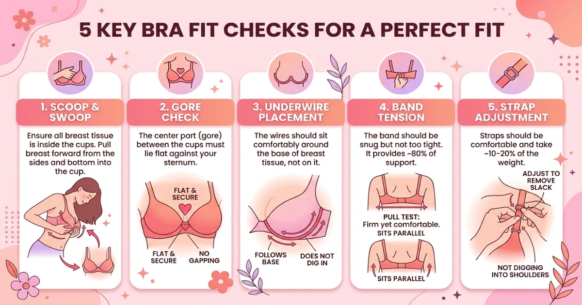 Bra fit test infographic for 36B and 36C showing five checks: scoop and swoop, gore check, underwire placement, band tension, strap check