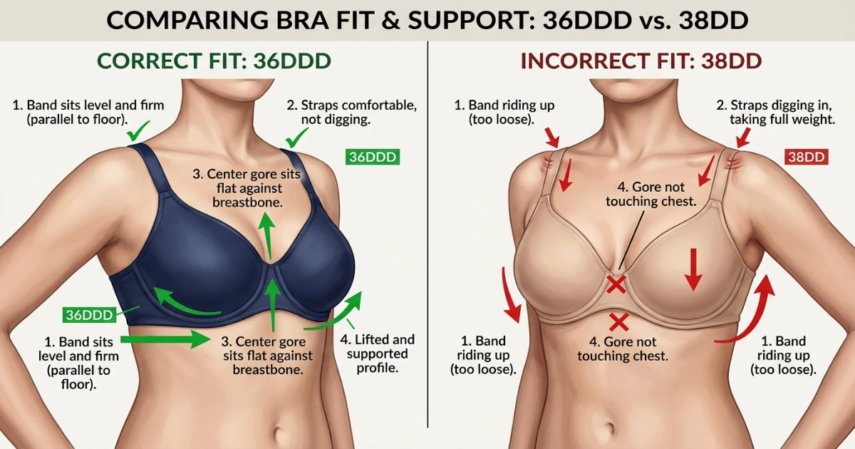 Side-by-side illustration showing a correctly fitting 36DDD bra on a narrower ribcage versus a 38DD band riding up and dropping the cups on the same body type