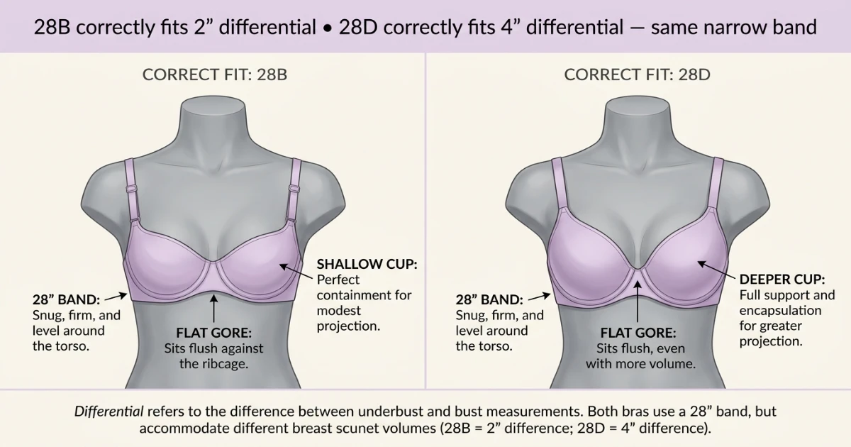 Fit comparison showing 28B shallow cup correctly fitting modest breast tissue versus 28D deeper cup correctly containing more breast tissue — both on a narrow 28-inch band