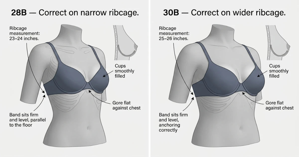 Fit comparison showing 28B correctly fitting a narrow 23–24 inch ribcage with correct cup depth, versus 30B correctly fitting a wider 25–26 inch ribcage with a larger cup — both sizes performing correctly on their respective frames