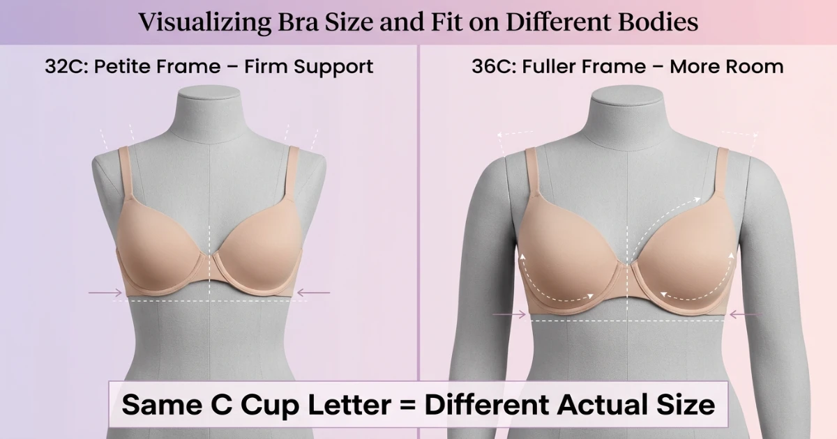 Side-by-side band size comparison chart showing how 32, 34, and 36 band bras fit differently on different ribcage sizes