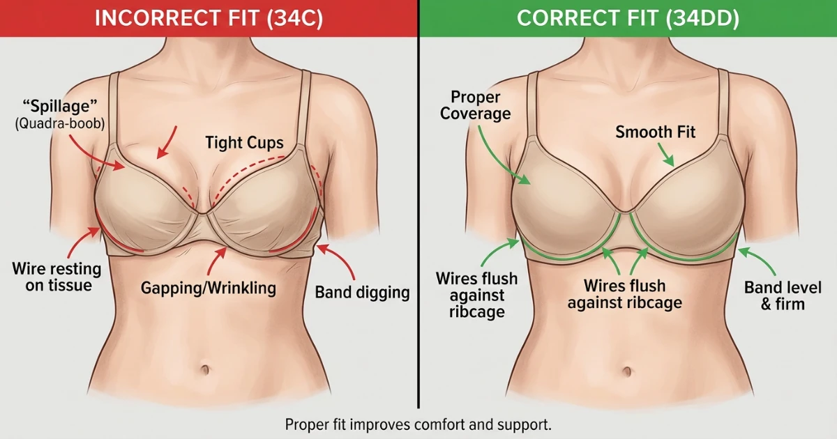 Side-by-side comparison of correct fit versus fit mistakes in bra sizing