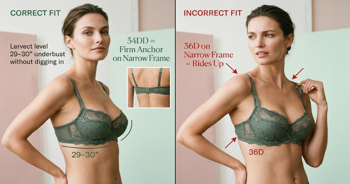 Illustration comparing correct 34DD fit on a narrow ribcage versus a 36D band riding up and causing underwire and strap issues on the same body
