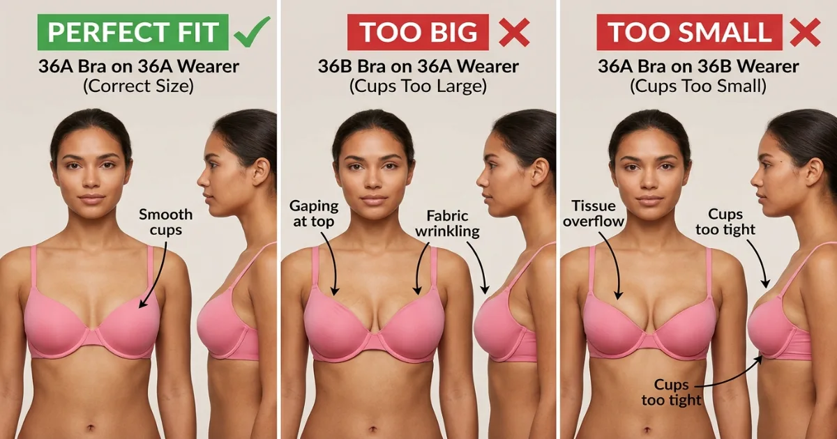 Fit comparison showing correct cup fit for 36A and 36B — gaping cups indicate too large, overflow indicates too small