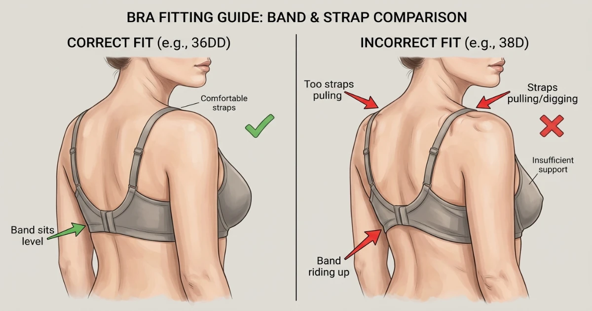 Illustration comparing correctly fitting 36DD on a narrower ribcage versus a 38D band riding up on the same body causing cup drop and strap tension