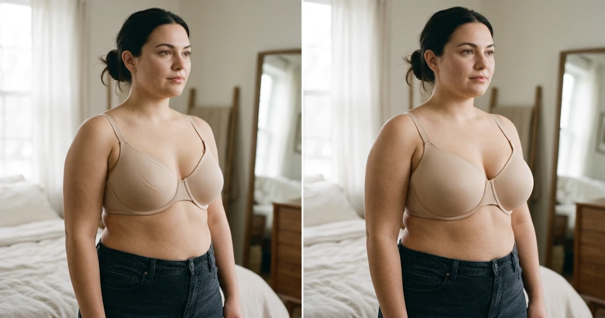 Fit comparison showing 40B shallower cup fitting a 42-inch bust versus 40C moderate cup fitting a 43-inch bust — both on a 40-inch band