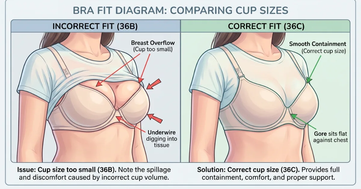 Fit comparison diagram showing correct cup fit for 36B and 36C with common fit problems — gaping in a cup too large, overflow in a cup too small