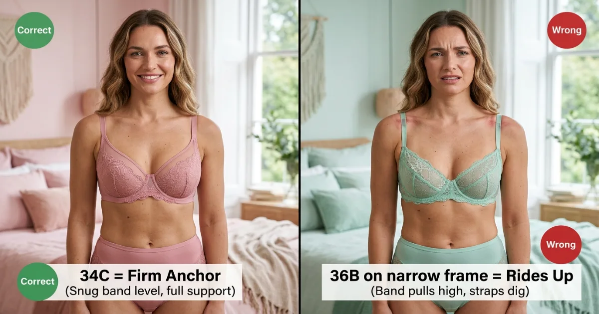 Illustration comparing a correctly fitting 34C bra versus a 36B band riding up on a narrower ribcage, highlighting common fit issues